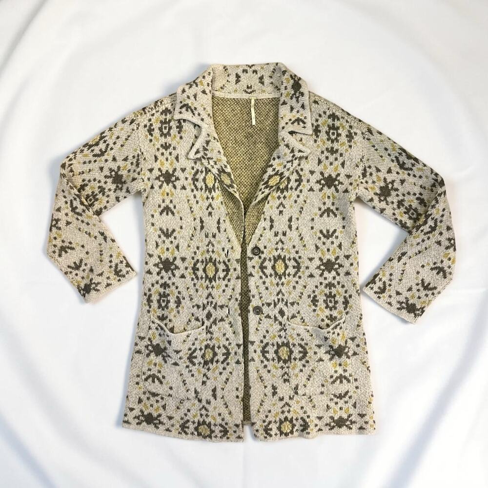 Free People Aztec Geometric Knit Sweater Jacket Cardigan Boho Grey Olive Small